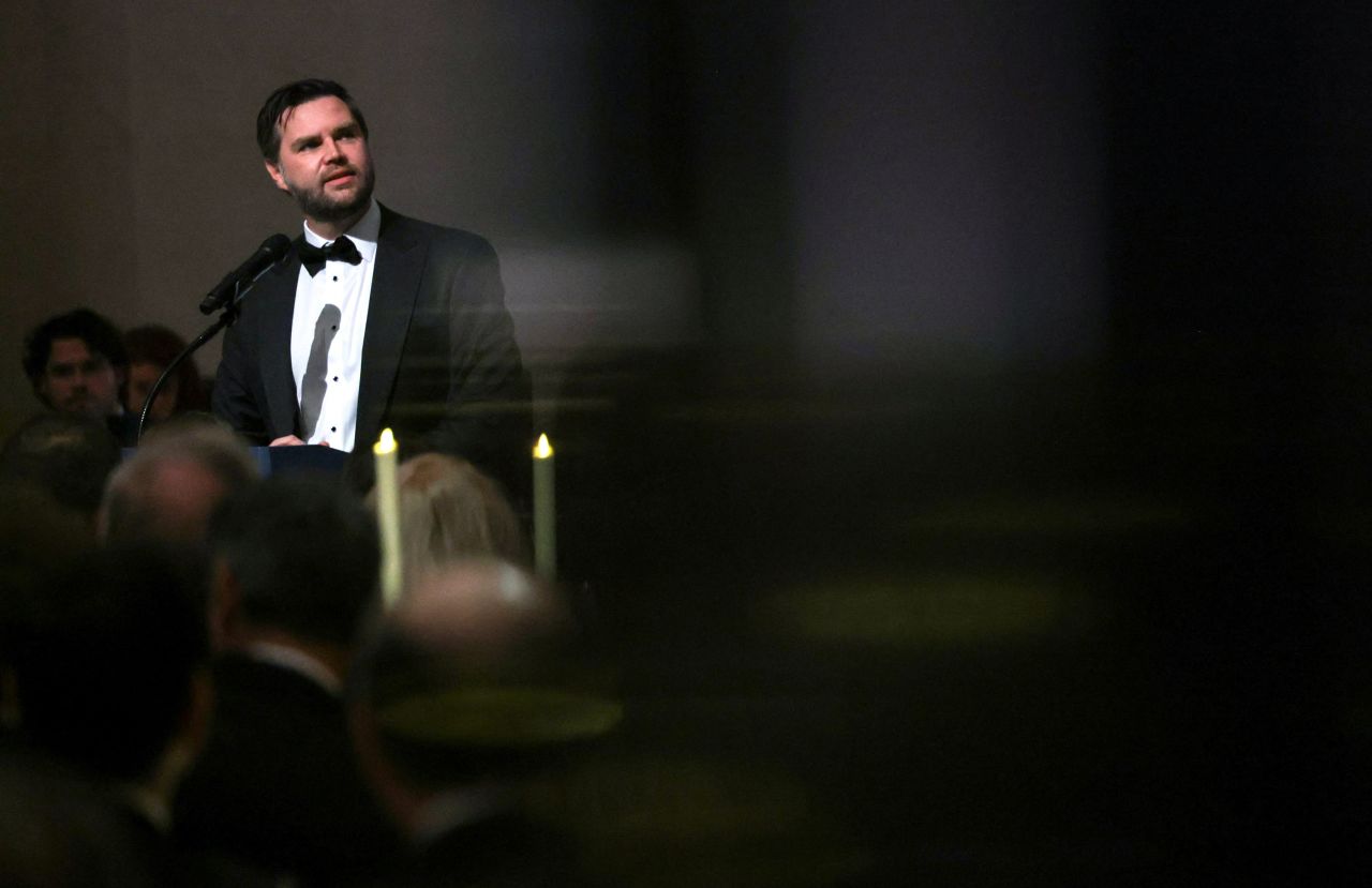 Vice President-elect JD Vance delivers remarks as he attends a dinner in Washington, DC, on Saturday.