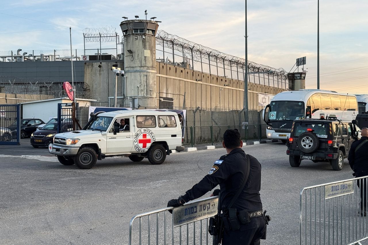 A Red Cross vehicle is seen outside Ofer Prison in occupied West Bank on Sunday.