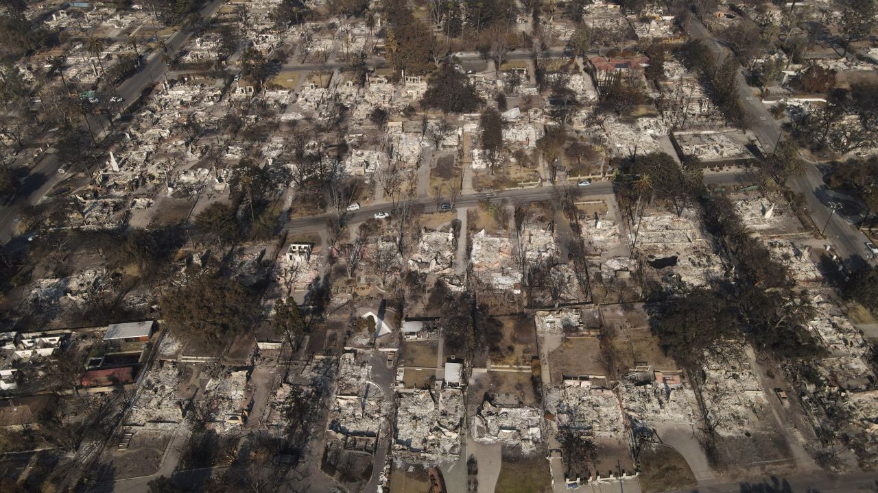 A drone view shows neighborhood blocks destroyed by the Eaton Fire in Altadena, California, U.S. January 19, 2025. REUTERS/David Swanson