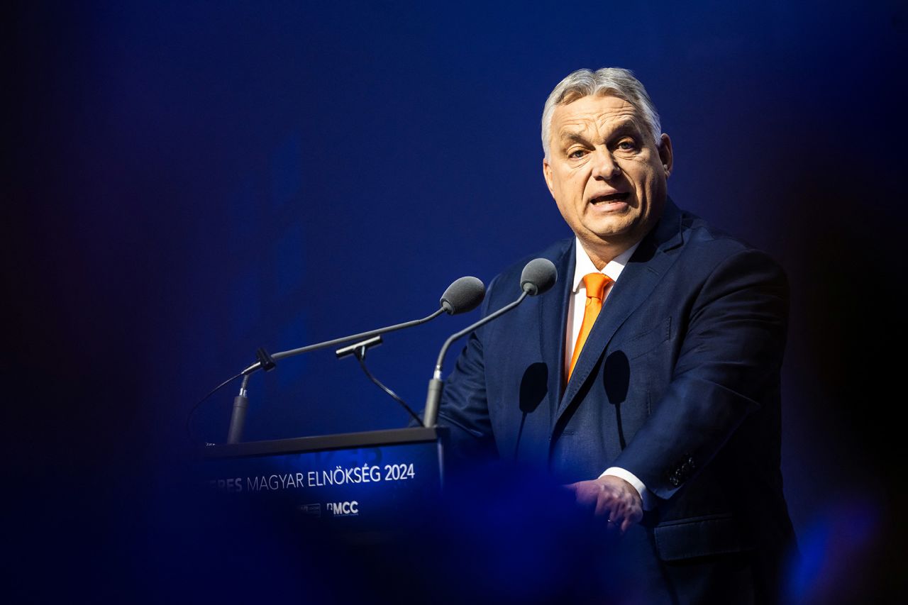 Hungarian Prime Minister Viktor Orban speaks during a conference in Budapest, Hungary, on Monday.