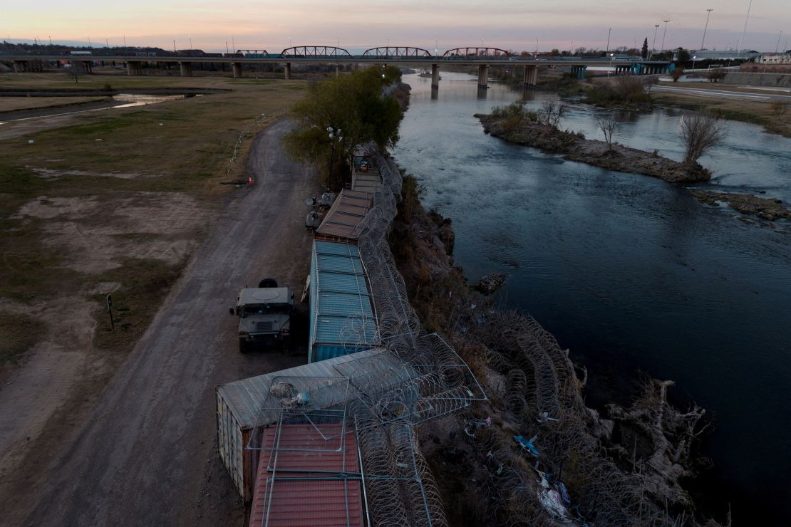 A drone view of shipping container barriers along the shore of the Rio Grande in Eagle Pass, Texas, on the day of Donald Trump's presidential inauguration on Monday.