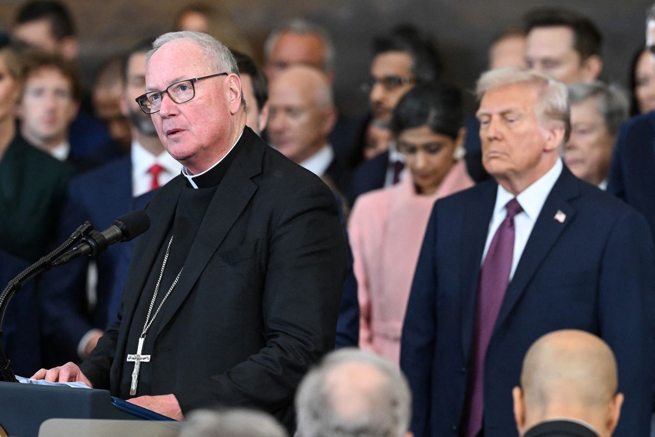 Archbishop of New York Timothy Dolan delivers the invocation during the inauguration ceremony on Monday.