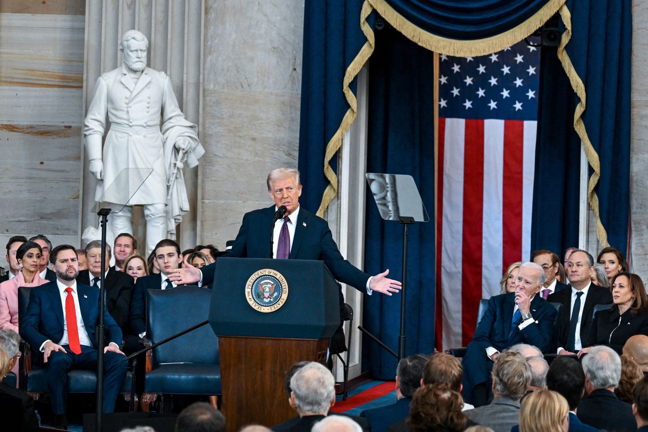 President Donald Trump delivers his inaugural address on Monday.