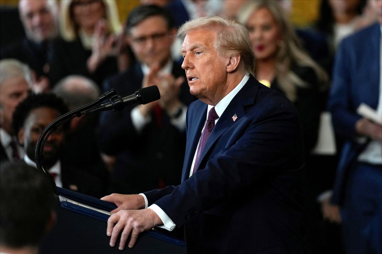 President Donald Trump gives his inaugural address on Monday.