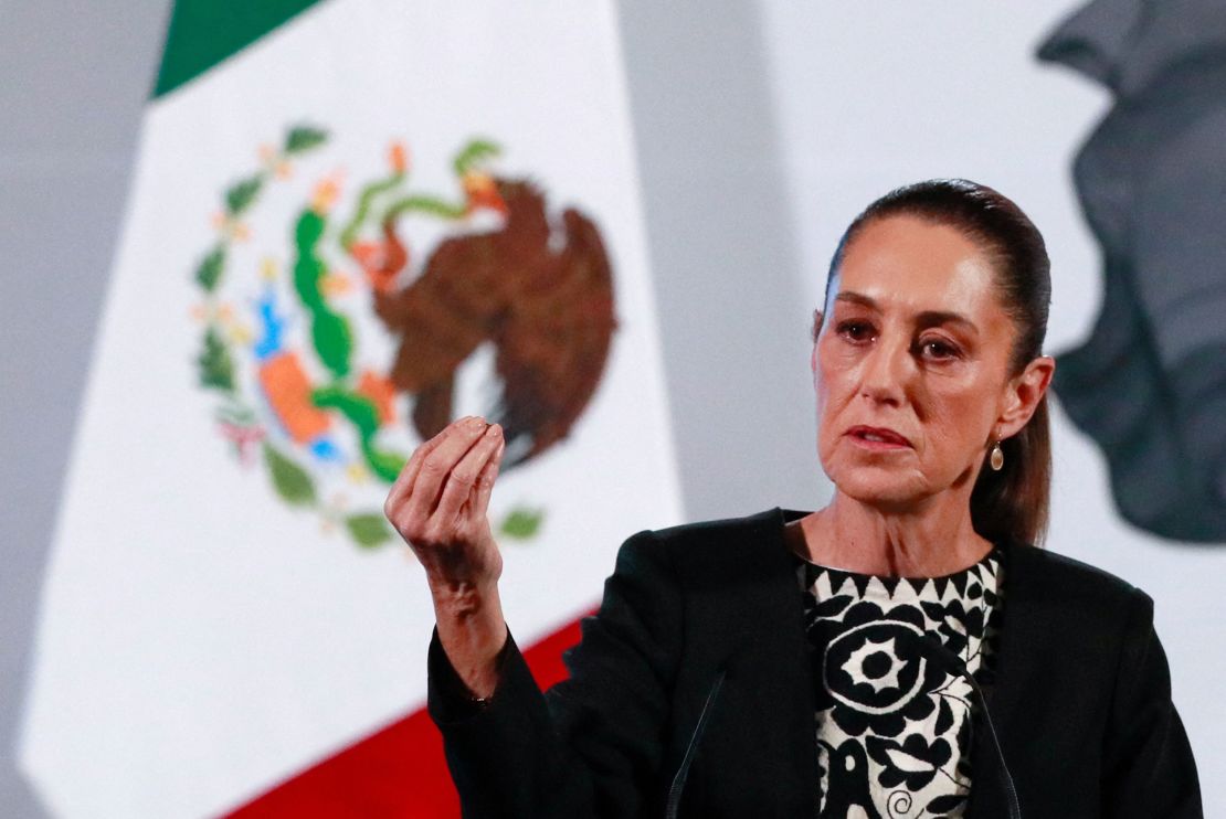 Mexico's President Claudia Sheinbaum gestures as she speaks about President Trump's policies during a press conference at the National Palace in Mexico City on January 21, 2025.