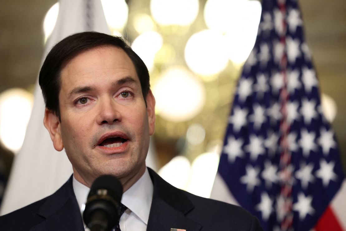 Marco Rubio speaks after he is sworn in as Secretary of State by U.S. Vice President JD Vance at the Eisenhower Executive Office Building in Washington, U.S., January 21, 2025. REUTERS/Kevin Lamarque