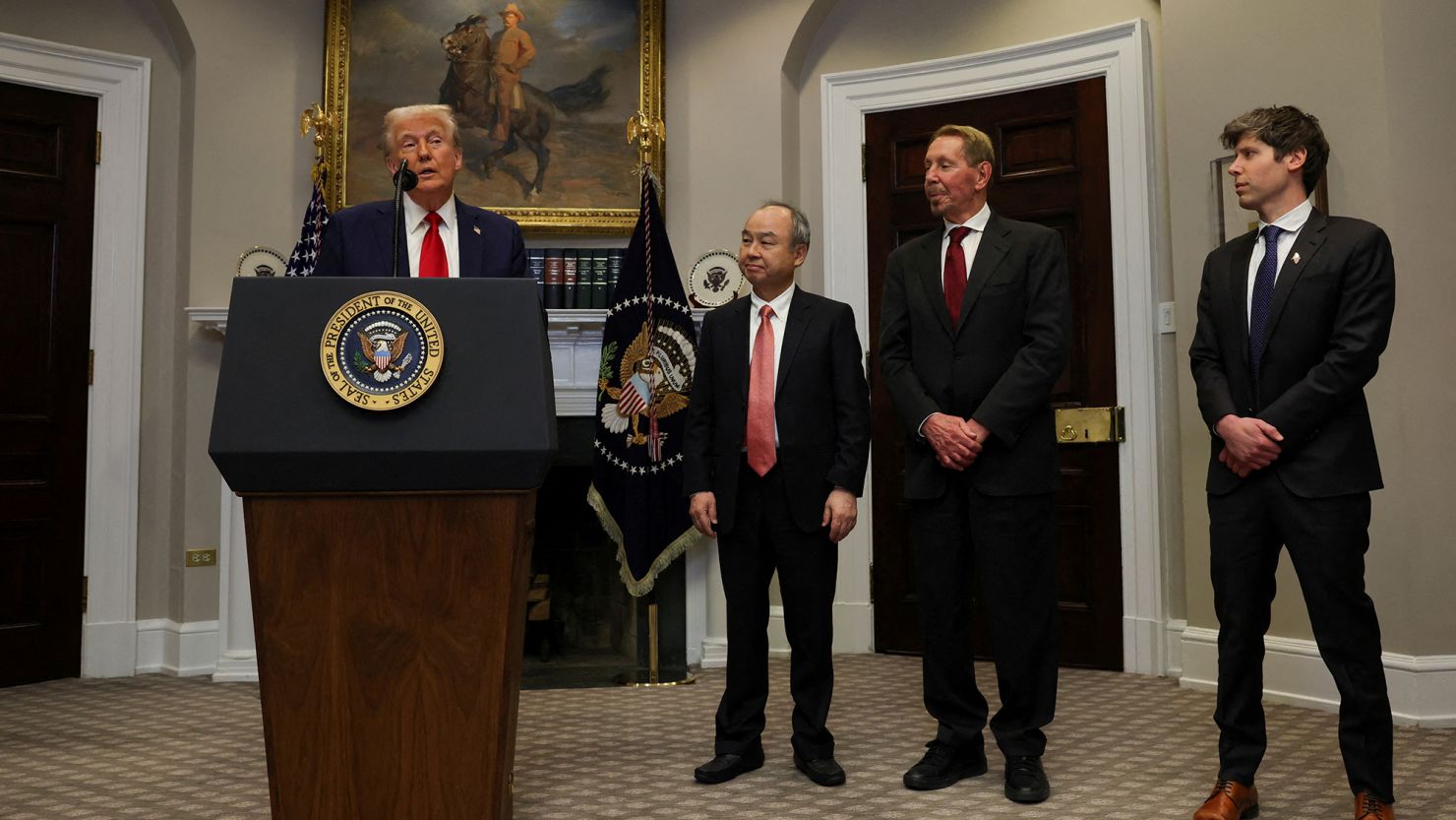 U.S. President Donald Trump delivers remarks on AI infrastructure, next to Oracle co-founder Larry Ellison, SoftBank CEO Masayoshi Son and OpenAI CEO Sam Altman at the Roosevelt room at White House in Washington, U.S., January 21, 2025.
