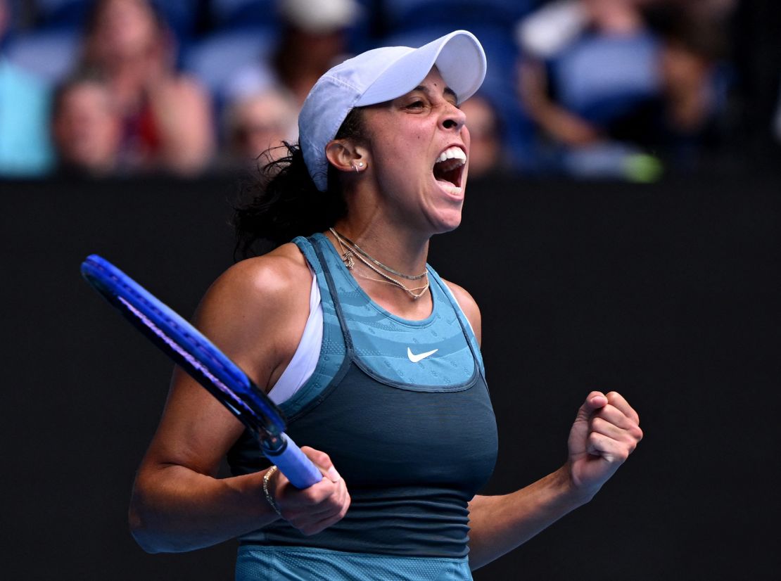 Madison Keys celebrates winning her quarterfinal match against Ukraine's Elina Svitolina.