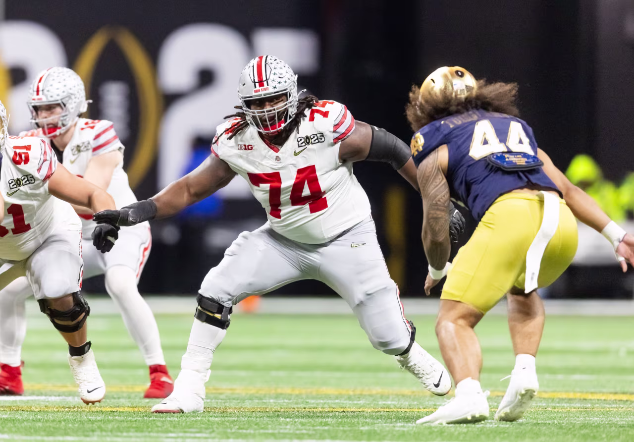 Ohio State offensive lineman Donovan Jackson plays in the national championship game against Notre Dame.