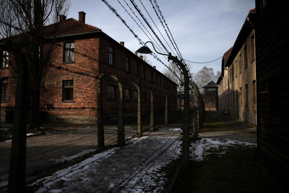 A barbed wire is seen among blocks at the site of former extermination camp Auschwitz.