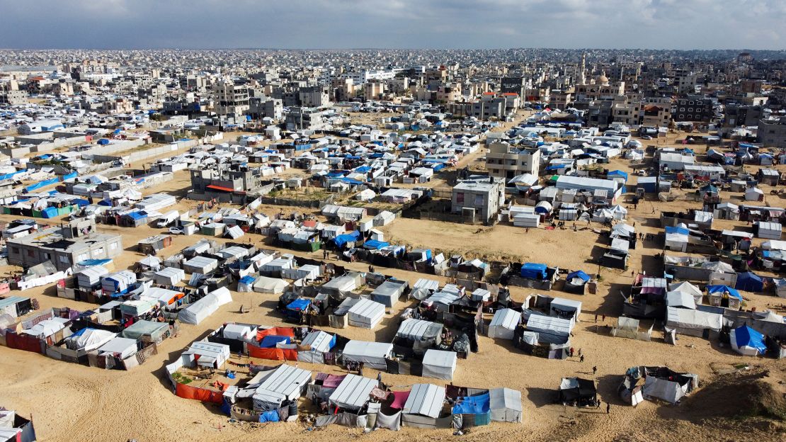 A drone view shows a tent camp where displaced Palestinians shelter in Khan Younis in the southern Gaza Strip, on January 23, 2025.