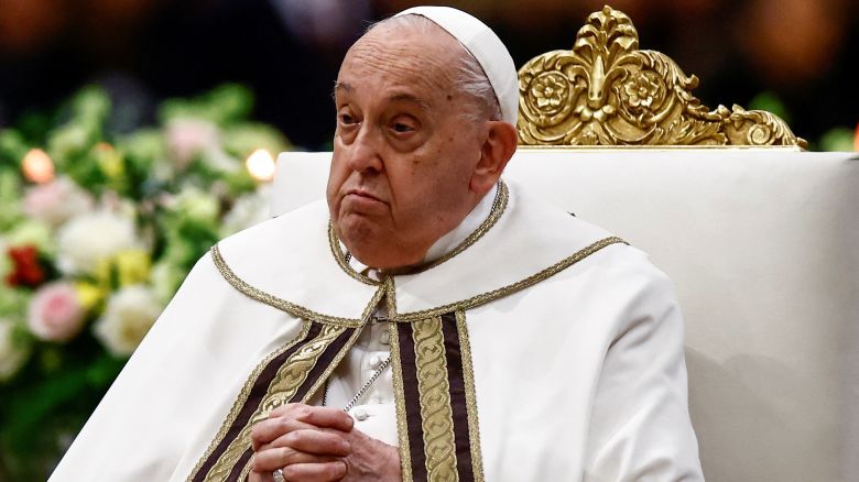 Pope Francis looks on, on the day he leads the Vespers prayer service to celebrate the conversion of St. Paul, at the Basilica of Saint Paul Outside the Walls, in Rome, Italy, January 25, 2025.