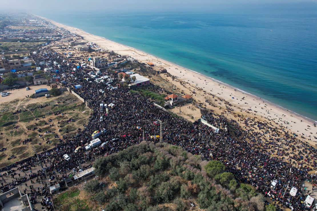 Palestinians waiting to be allowed to return to their homes in northern Gaza after they were displaced to the south at Israel's order during the war, on January 26, 2025.