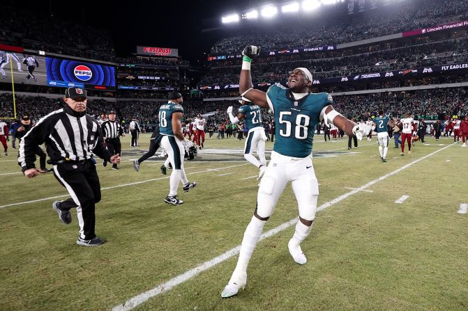 Philadelphia Eagles linebacker Jalyx Hunt runs onto the field with teammates after <a  target="_top" href="/newspapers?url=https://www.cnn.com/sport/live-news/nfl-playoffs-01-26-2025#cm6e5h49r000l3b6mgwdp2qm2">winning the NFC Championship 55-23</a> in at Lincoln Financial Field in Philadelphia on January 26.