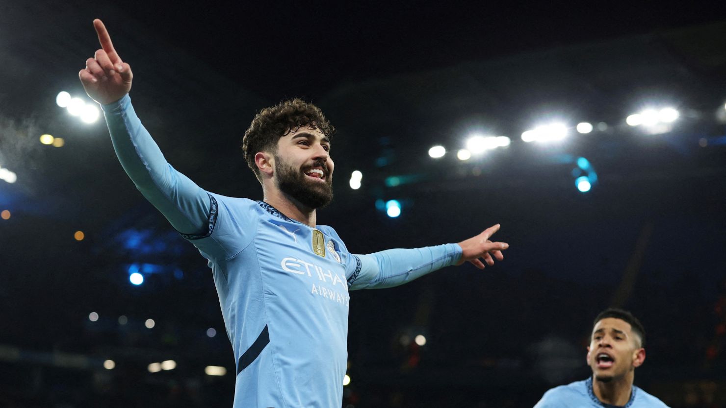Manchester City's Josko Gvardiol celebrates the team's second goal during a game against Club Brugge on Wednesday.