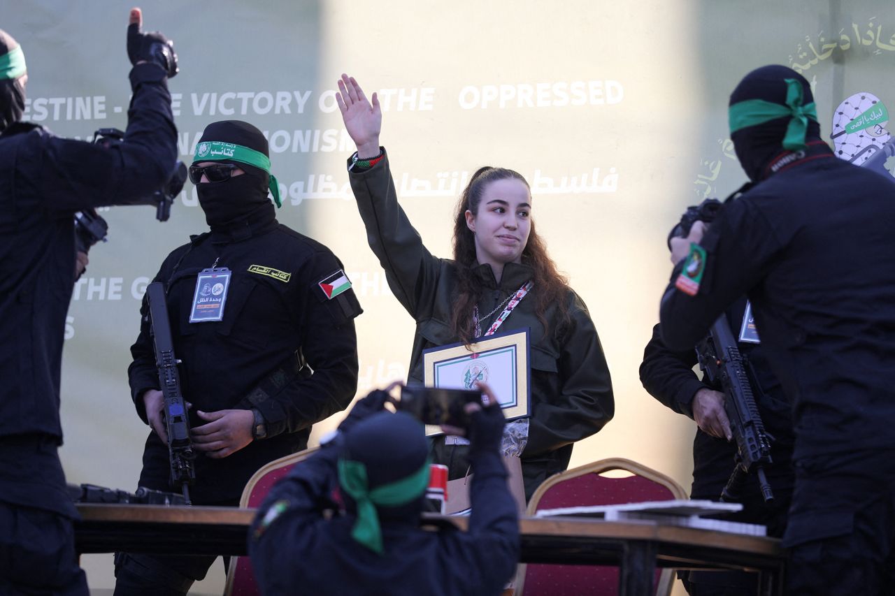 Palestinian Hamas militants release female Israeli soldier Agam Berger, who was held in Gaza since the deadly October 7 2023 attack, as part of a deal between Hamas and Israel, in Jabalya on Thursday.