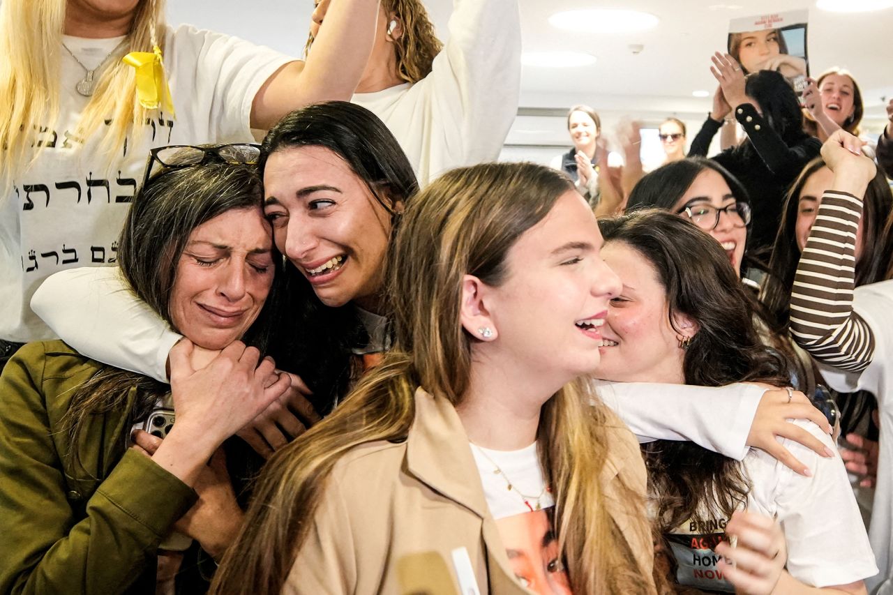 Family members and supporters of Israeli hostage Agam Berger react as they watch a broadcast of Berger during her release in Holon, Israel, on Thursday.