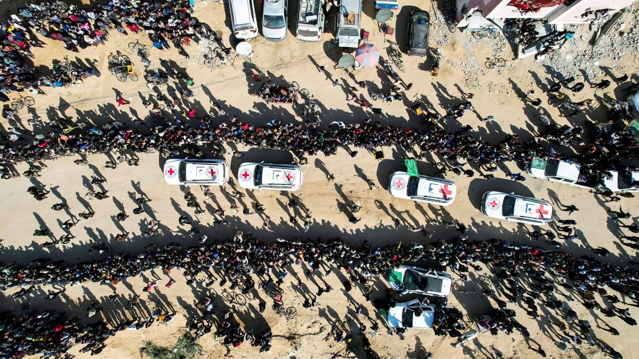 Vehicles of the International Committee of the Red Cross (ICRC) in Khan Younis, Gaza, on Thursday.