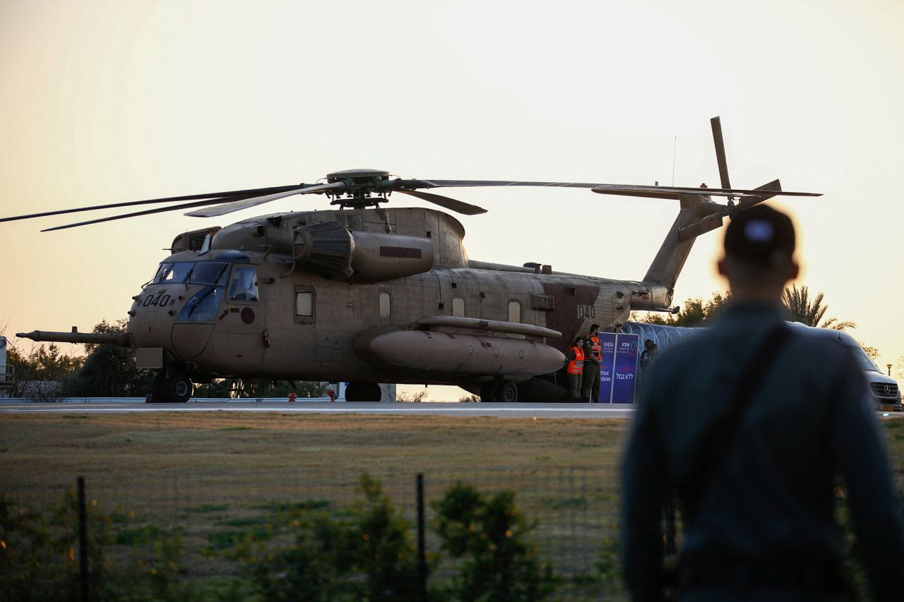 A military helicopter carrying released hostage Arbel Yehoud arrives at Sheba Medical Center in Ramat Gan, Israel, on Thursday.