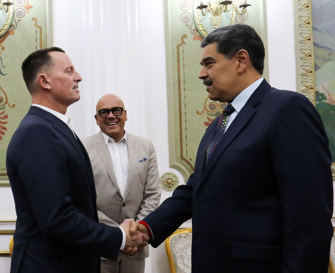 Venezuela's President Nicolas Maduro and Richard Grenell, US President Donald Trump's envoy for special missions, shake hands at the Miraflores Palace in Caracas, Venezuela, on Friday, January 31, 2025.