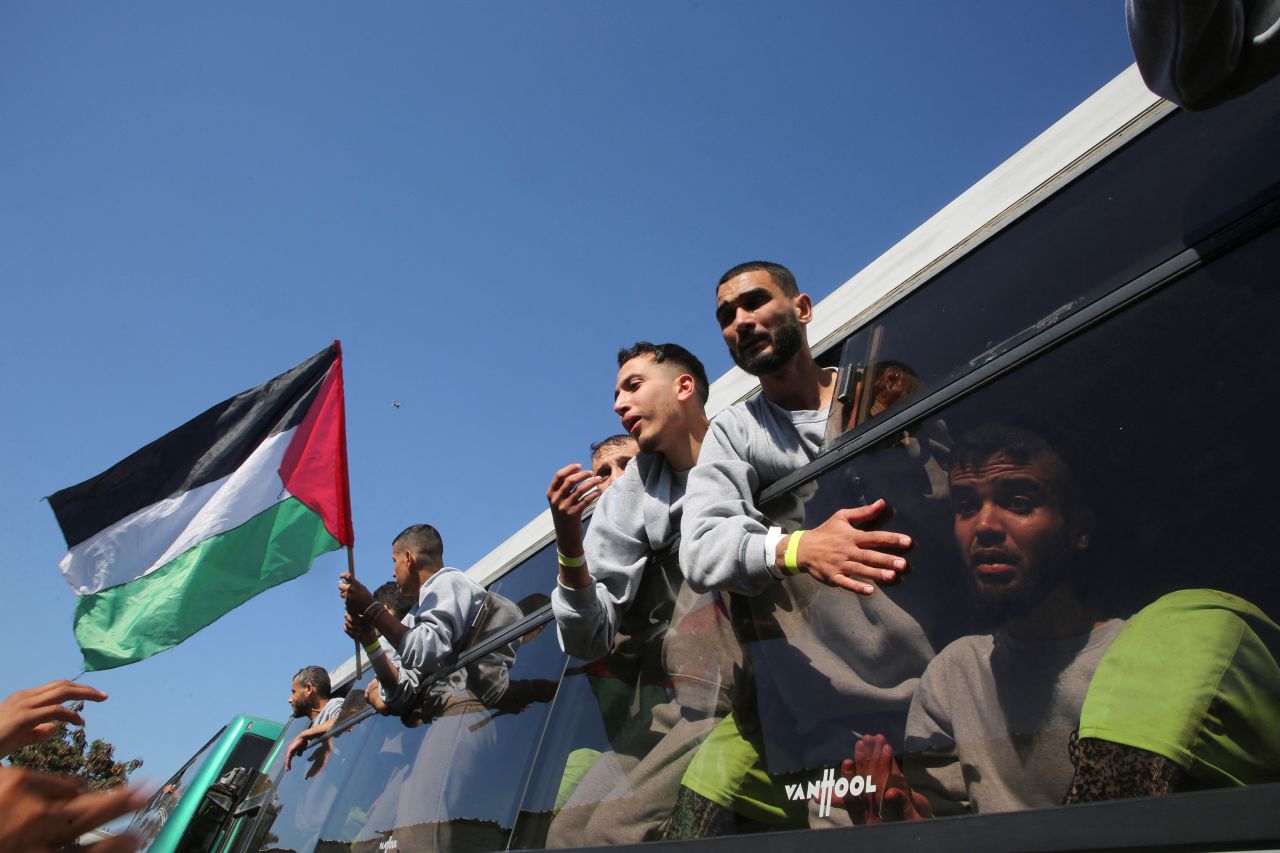 Freed Palestinian prisoners are greeted after being released in Khan Younis, Gaza on Saturday.