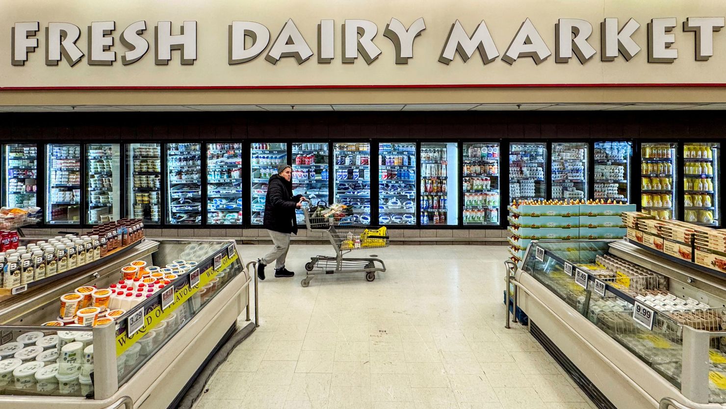 A shopper pushes a cart past the dairy section at a grocery store in Hamilton, Ontario, Canada, on February 2, 2025.