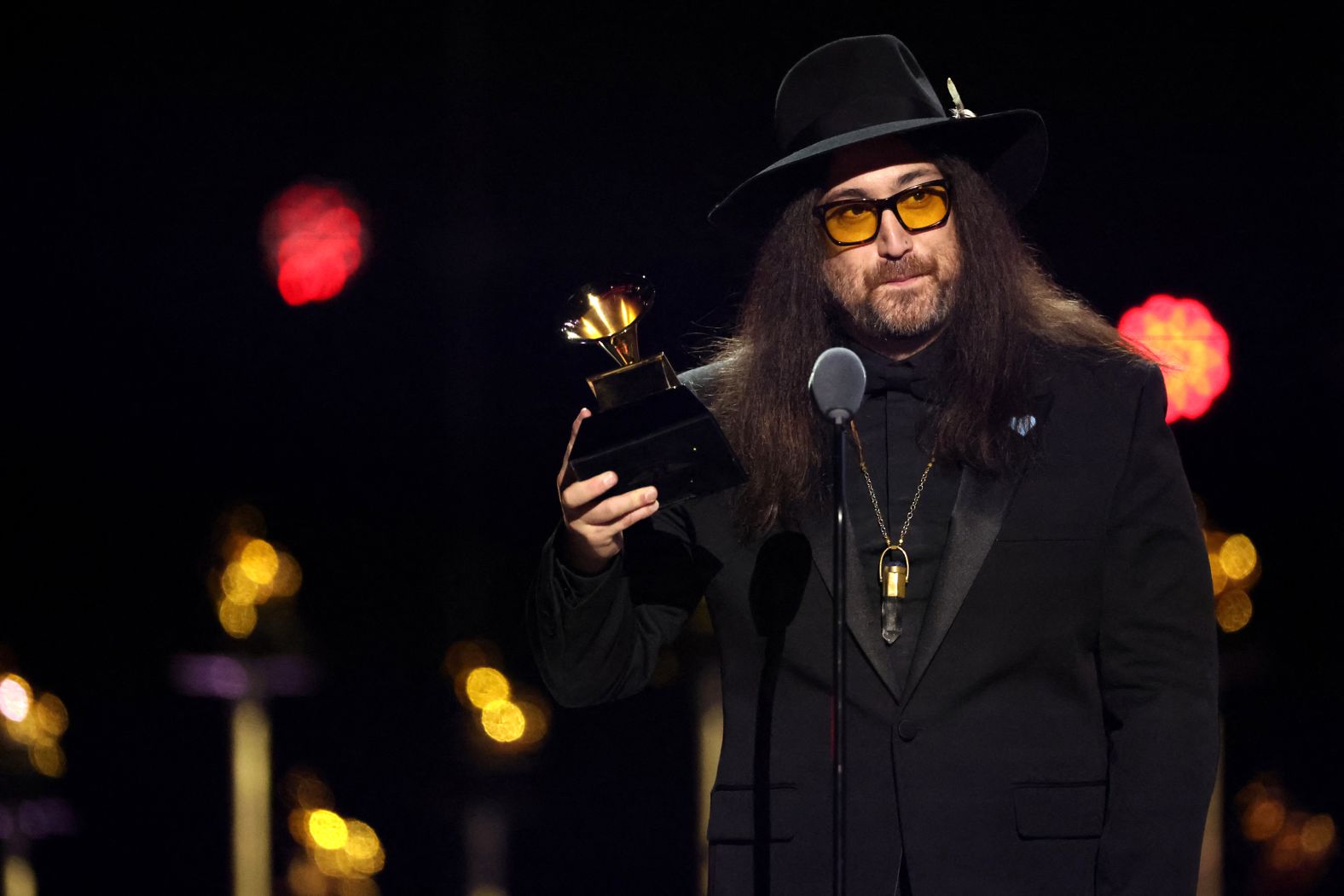 Sean Ono Lennon accepts a Grammy on behalf of the Beatles during the premiere ceremony held before the main show. <a href="https://www.cnn.com/entertainment/live-news/the-grammys-award-show-02-2-25#cm6o75etg00003b6mptp8c23z">The Beatles won best rock performance</a> for their latest — and “last” — song, "Now and Then."