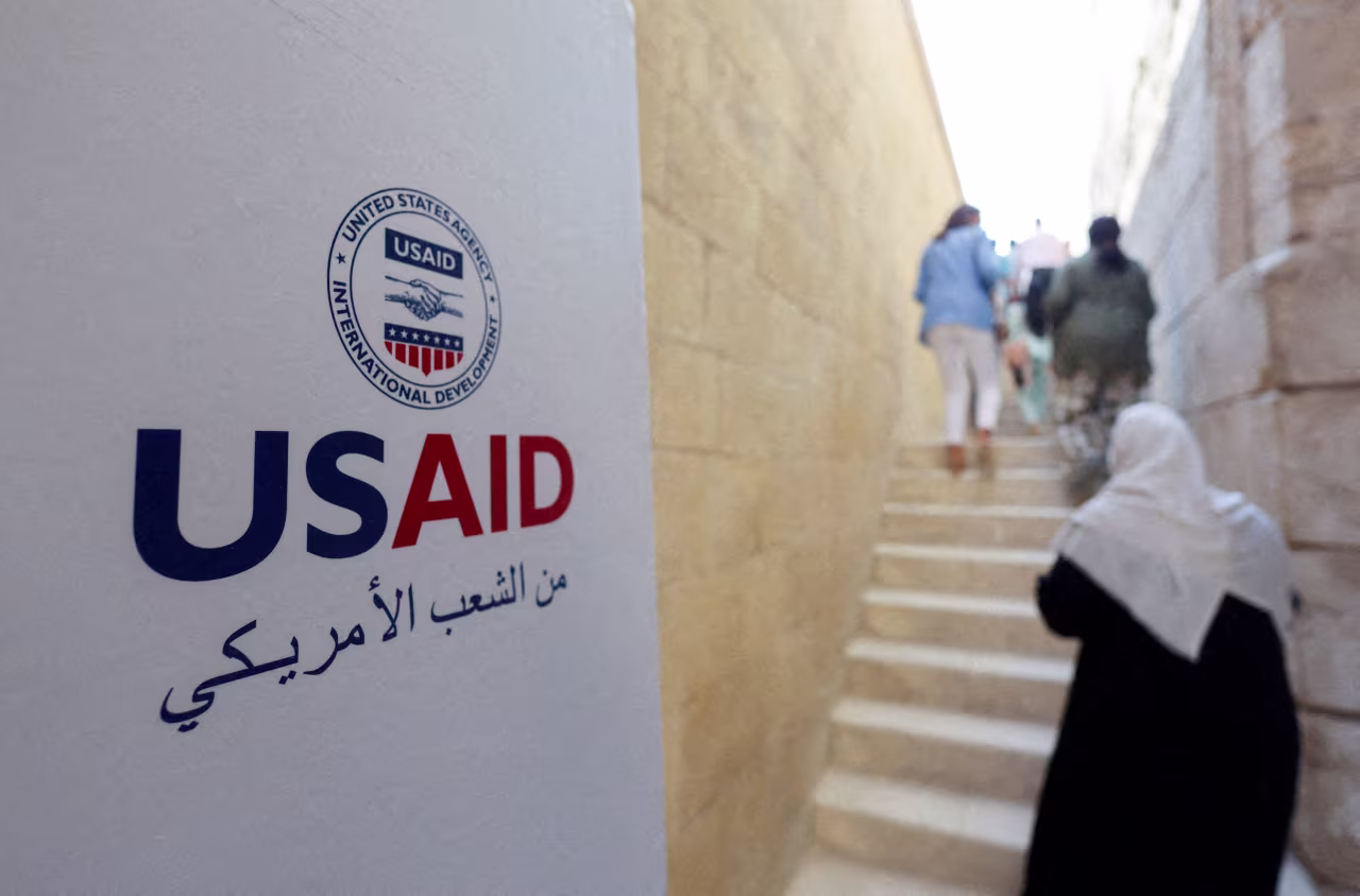 Visitors walk up a stair during the opening of the restoration project at the historic Bimaristan Al-Muayyad Sheikh hospital following renovations carried out in partnership between Egypt's Tourism and Antiquities Ministry and the United States Agency for International Development.