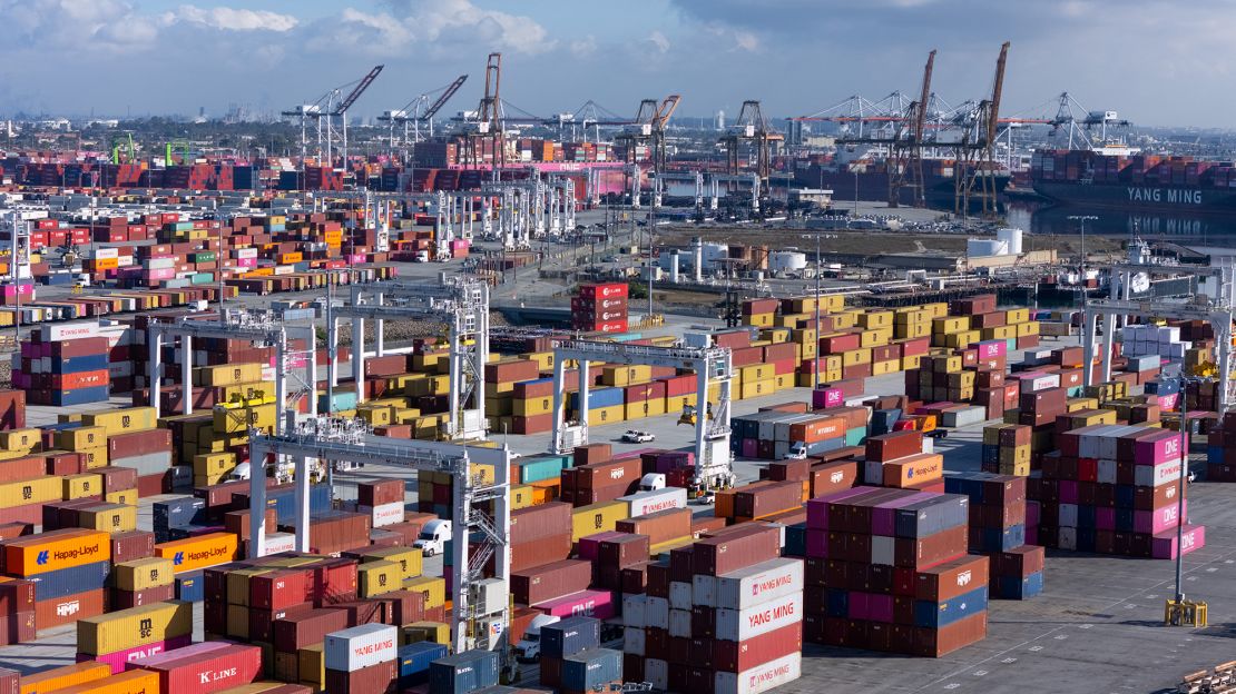 A drone view shows shipping containers from China at the Port of Los Angeles in Wilmington, California, on February 4, 2025.