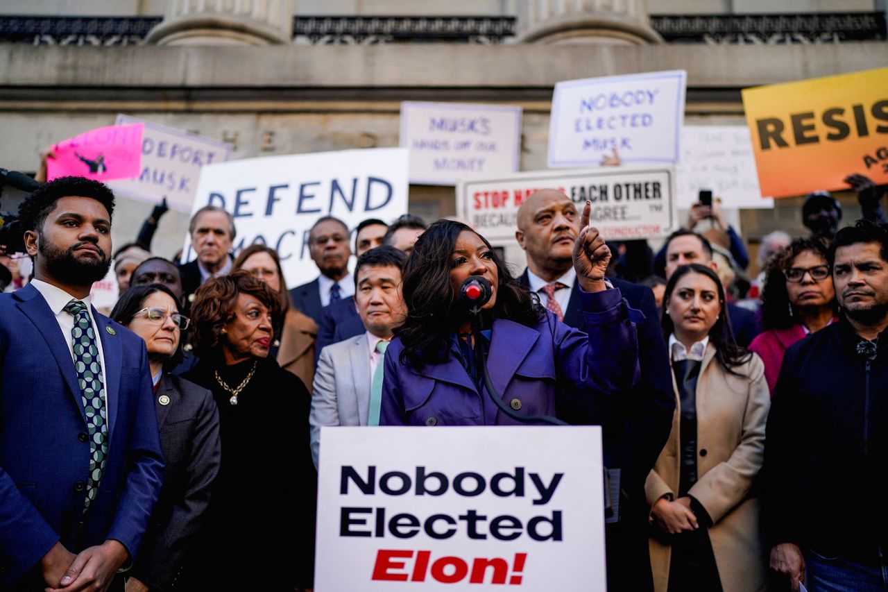 Rep. Jasmine Crockett speaks at a rally outside the U.S. Treasury Department in Washington, on February 4.