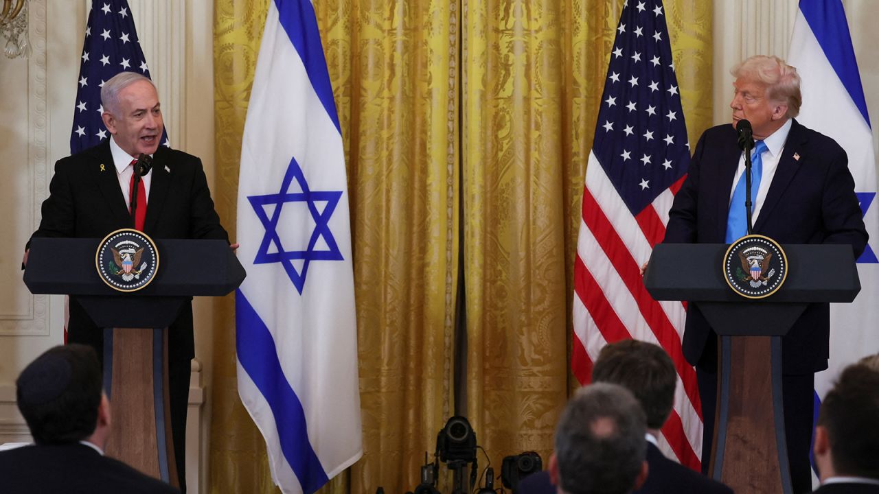 U.S. President Donald Trump and Israeli Prime Minister Benjamin Netanyahu hold a joint press conference in the East Room at the White House in Washington, U.S., February 4, 2025.