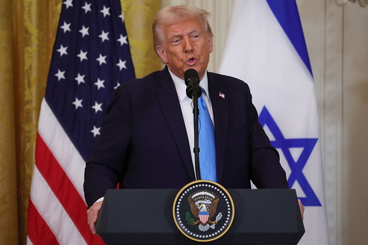 President Donald Trump speaks during a press conference at the White House in Washington, DC, on February 4. Trump’s plan for the forced displacement and ethnic cleansing of Palestinians from Gaza is unlawful.