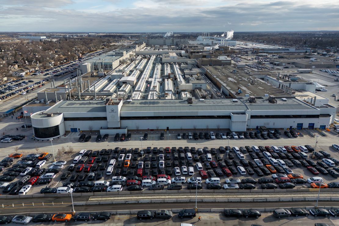 A drone view of Stellantis's Chrysler Windsor Assembly facility in Windsor, Ontario, on February 4, 2025.