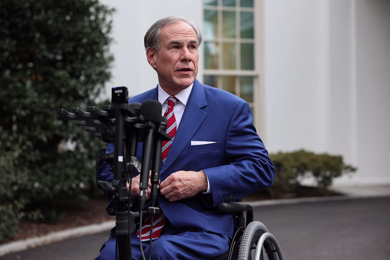 Texas Governor Greg Abbott speaks to members of the news media at the White House in Washington, DC, on February 5.