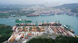 An aerial view shows containers at the Balboa Port, operated by Panama Ports Company, at the Panama Canal, in Panama City, Panama, February 1, 2025.