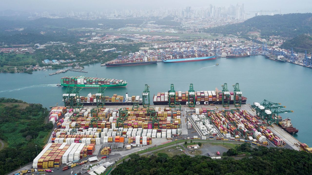 An aerial view shows containers at the Balboa Port, operated by Panama Ports Company, at the Panama Canal, in Panama City, Panama, February 1, 2025. REUTERS/Enea Lebrun