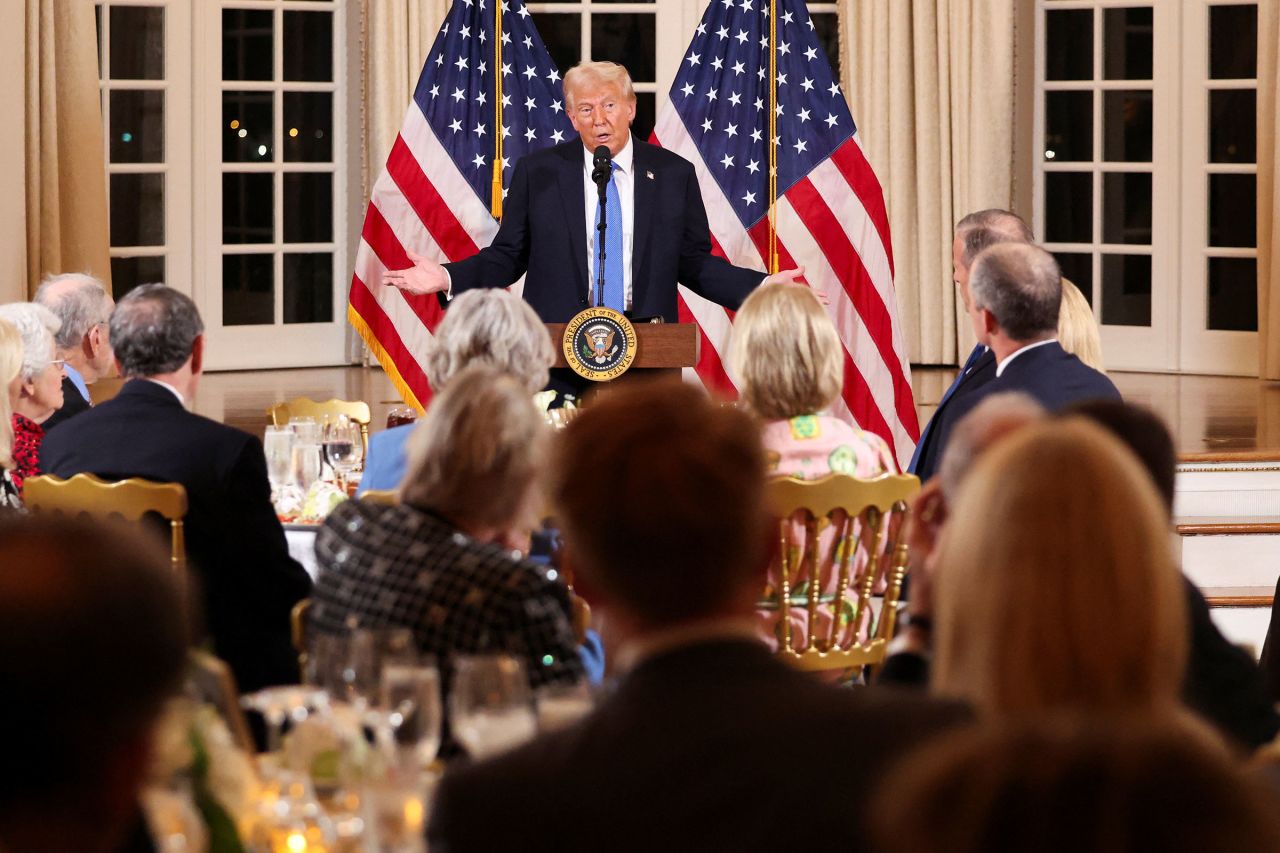 President Donald Trump speaks as he hosts Republican senators for a dinner at Mar-a-Lago in Palm Beach, Florida, on Friday.