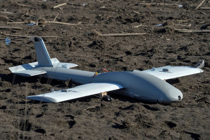 A downed Russian Molniya "Lightning" drone is seen near the front line in Ukraine's  Dnipropetrovsk region on February 8, 2025.
