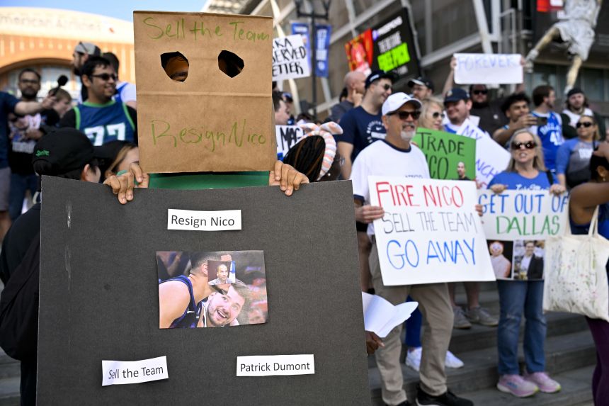 Dallas Mavericks fans gathered outside the team's arena in February to protest the trade of star Luka Dončić.
