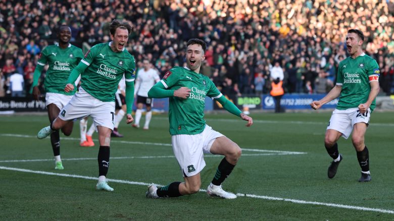 Soccer Football - FA Cup - Fourth Round - Plymouth Argyle v Liverpool - Home Park, Plymouth, Britain - February 9, 2025 Plymouth Argyle's Ryan Hardie celebrates scoring their first goal with Callum Wright and Adam Randell