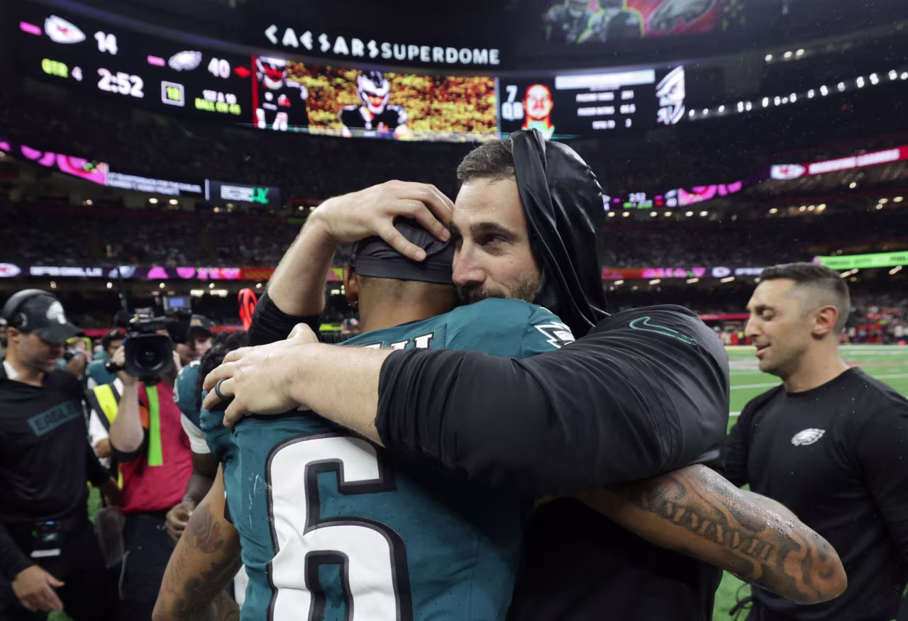 Philadelphia Eagles head coach Nick Sirianni celebrates with wide receiver DeVonta Smith.