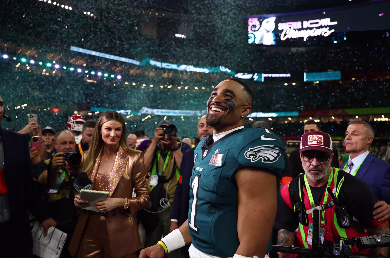 Philadelphia Eagles quarterback Jalen Hurts celebrates after defeating the Kansas City Chiefs.