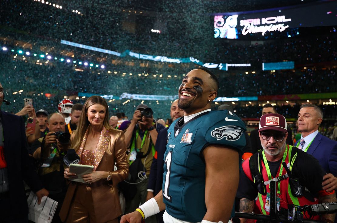 Hurts celebrates after defeating the Kansas City Chiefs in Super Bowl LIX at the Superdome.