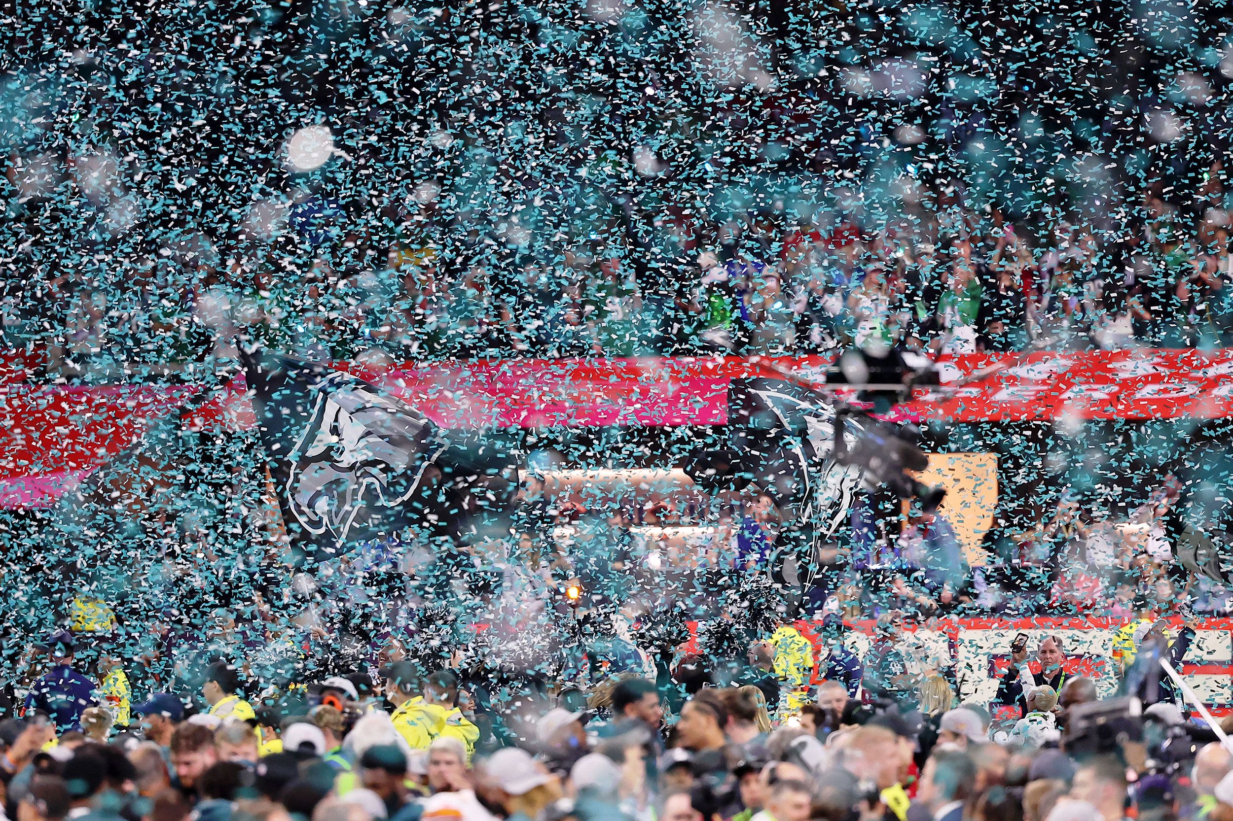 Confetti falls in the Superdome after the Eagles' win.