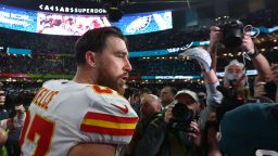FKansas City Chiefs tight end Travis Kelce on the field after losing to the Philadelphia Eagles in Super Bowl LIX.