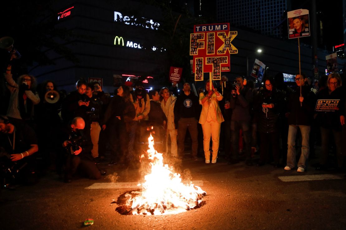 Protesters in Tel Aviv, Israel, on February 10, 2025.