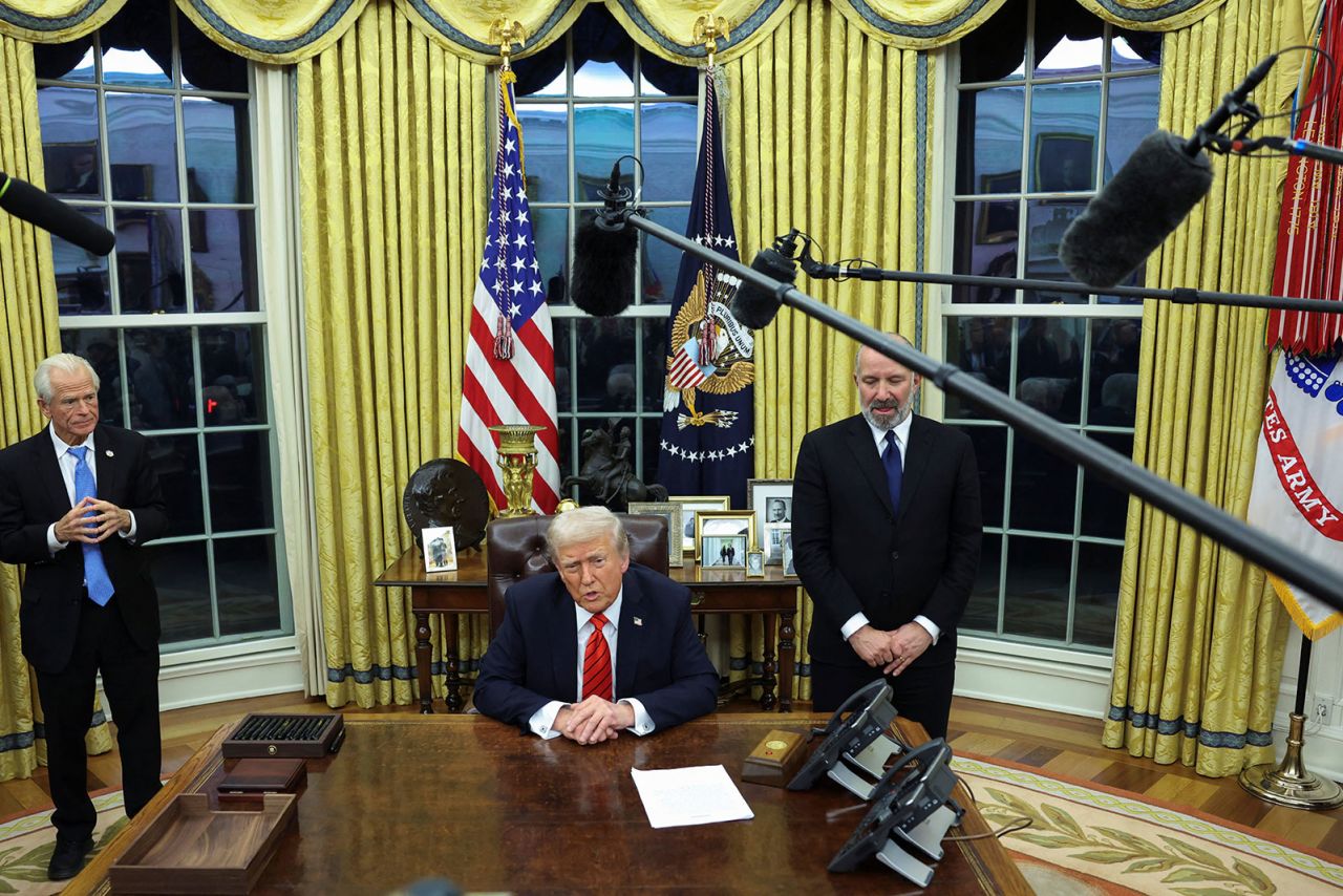 President Donald Trump speaks after signing an executive order in the Oval Office of the White House in Washington, DC, on Monday.