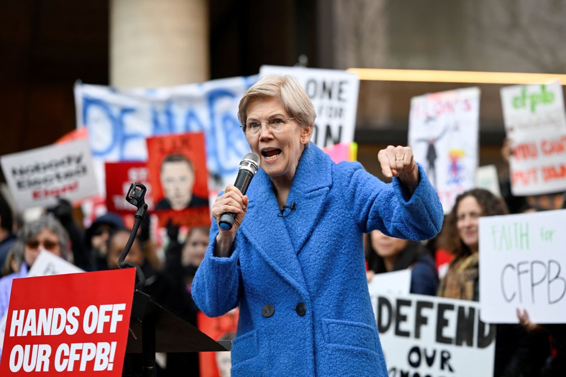 Sen. Elizabeth Warren speaks on February 10 as supporters of the Consumer Financial Protection Bureau rally after the agency's staff were all told to stay away from the office and do no work.