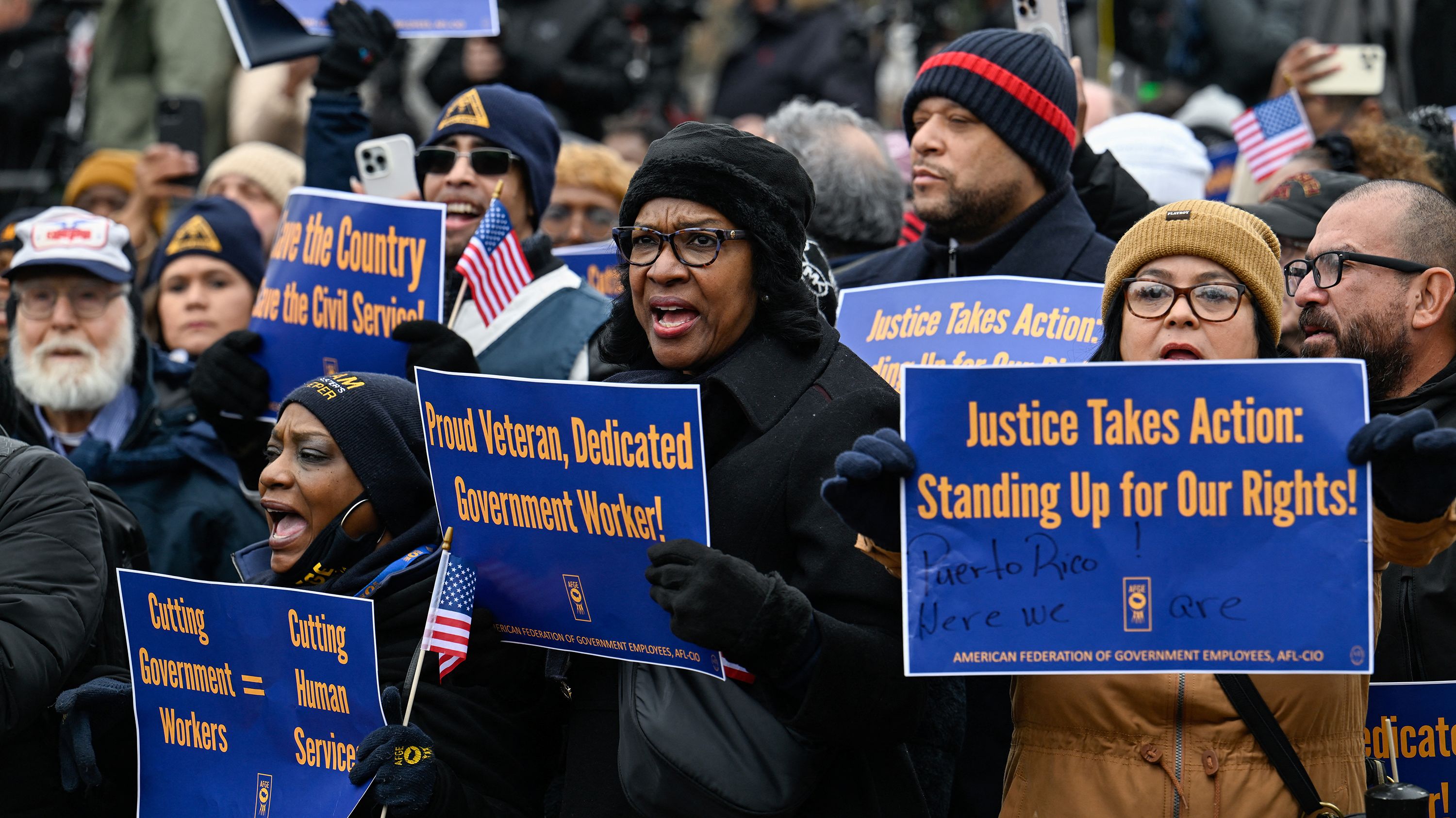 Labor union activists rally in support of federal workers during a protest on Capitol Hill in Washington, U.S., February 11, 2025. REUTERS/Craig Hudson