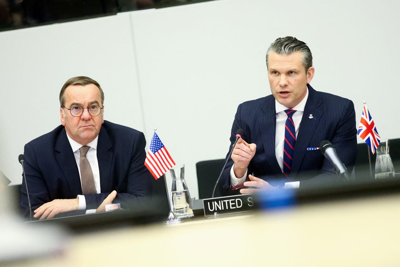 US Defense Secretary Pete Hegseth, right, speaks next to German Defence Minister Boris Pistorius during a meeting of the Ukraine Defense Contact Group on the eve of a NATO defense ministers' meeting in Brussels, Belgium, on Wednesday.